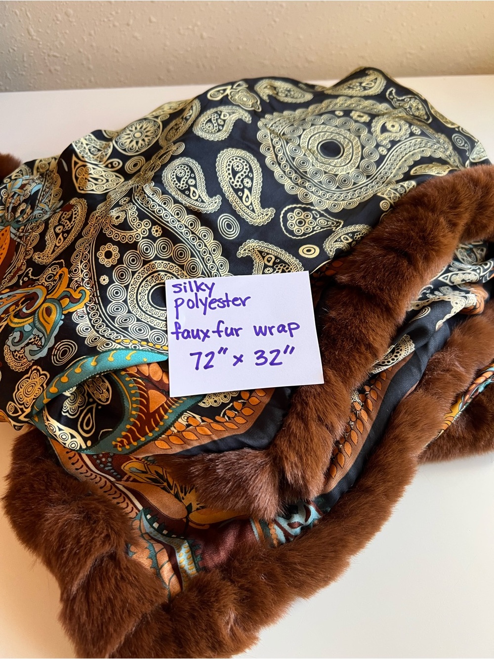 Paisley Faux-Fur Trim Wrap Scarf in Brown and Multicolor